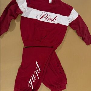 VS PINK size small Red and White Sweatshirt and Sweatpants Set